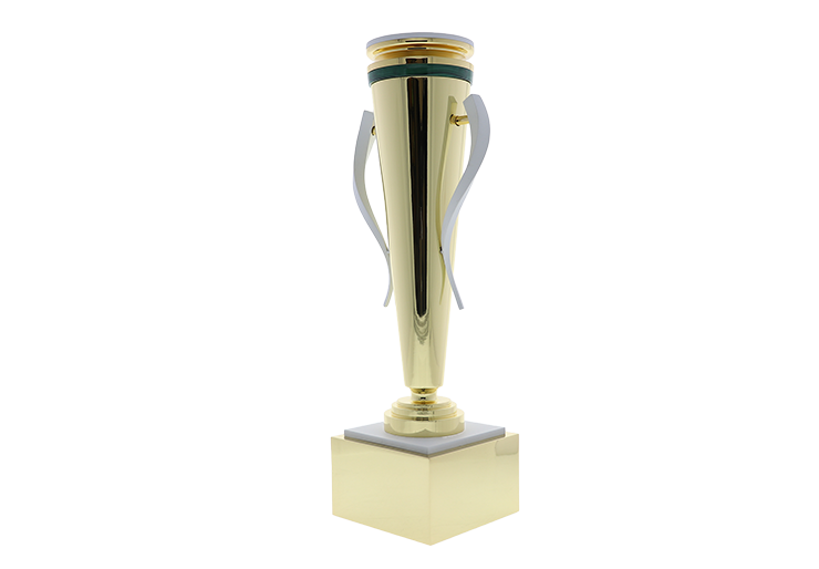 Tapered gold cylinder with green and white accents on a gold base